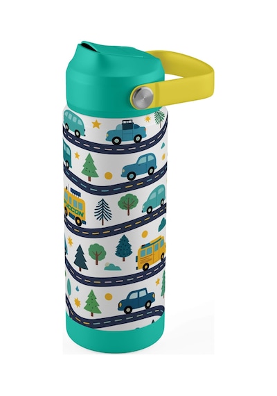 Puccon 540 Ml Araba Ve Yol Desenli Yeşil - Beyaz Erkek Çocuk Pipetli Çelik Termos Matara/suluk - 60054