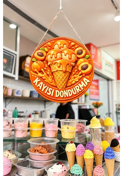 Kayısı Dondurma Görselli Ahşap İpli Kapı Duvar Süsü Renkli Dondurmacı Tabelası