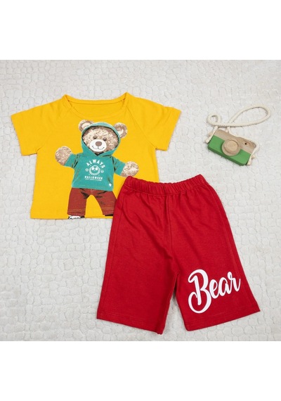 Momikon Erkek Çocuk Teddy Baskılı Pamuklu Takım Sarı