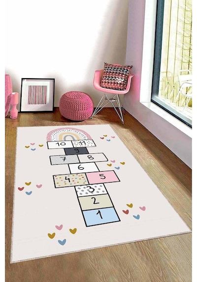 Çok Renkli Kaymaz Tabanlı Seksekli Çocuk Halısı Ar825n11