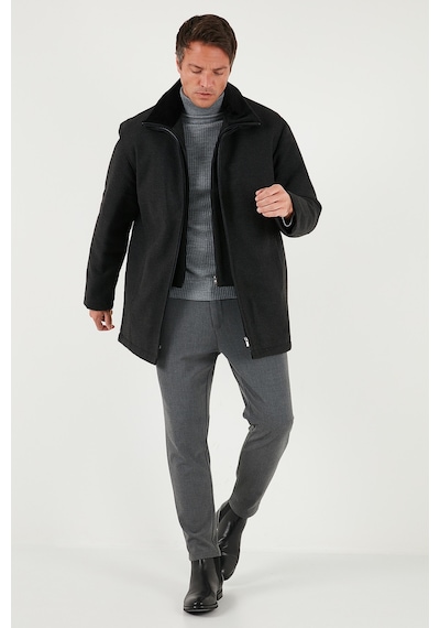 Buratti Slim Fit Çıkarılabilir Tüylü Yaka Detaylı Astarlı Kaşe Erkek Kaban 58400217 Füme