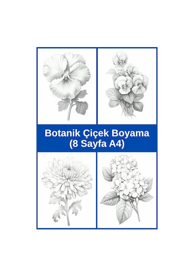 Botanik Çiçek Boyama Sayfaları 4, 8 Adet A4 Boyut .