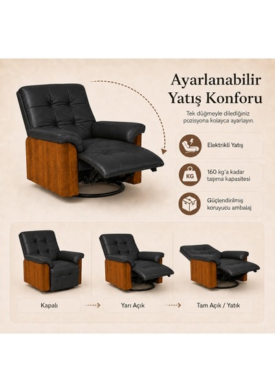 Smarto Relax Berlin Elektrikli Döner Sallanan Tv Koltuğu Kontrol Panelli Ergonomik Kırmızı Deri Baba Koltuğu Siyah