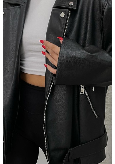 Neşeli Butik Kadın Siyah Oversize Deri Mont Nbdm5017