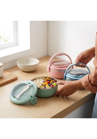 700 Ml Paslanmaz Çelik Yemek Kabı, Kaşıklı, Saplı Ve Kilitli Yuvarlak Lunch Box, Mavi Yeşil Pembe Renk Seçenekli, 12x11x13cm Kapaklı Saklama Ve Taşıma Kabı Çok Renkli