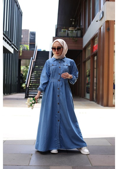 Harmatime Düğmeli Uzun Kot Tesettür Elbise Açık Mavi
