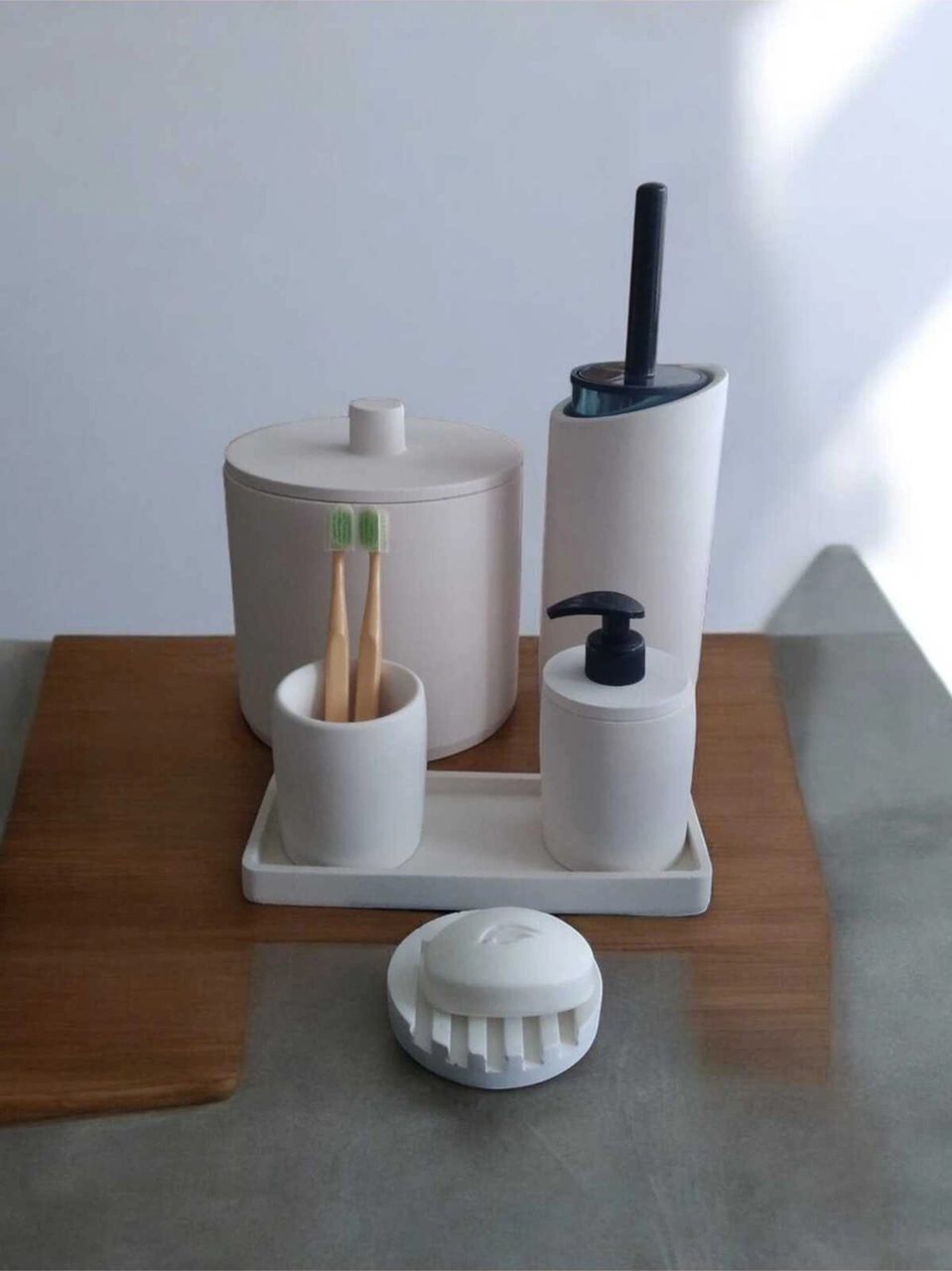 Kırık Beyaz Çöp Kovasi,banyo Seti Tuvalet Wc Sıvı Sabunluk Diş Fırçalığı Beton Aksesuar Takımı Beyaz