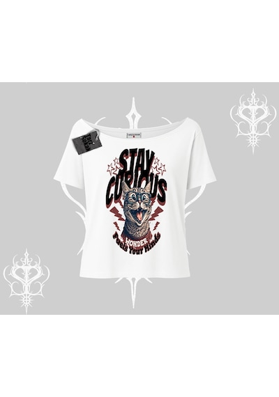 Startmore Startmore Stay Curious Kedi Baskılı Kayık Yaka Tshirt Beyaz