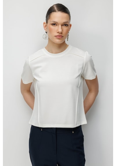 On Kadın Dikiş Detaylı Sıfır Yaka T-shirt 71458 Ekru Ekru