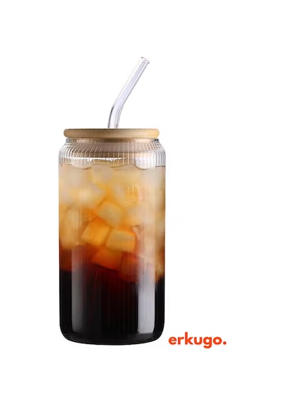 Bambu Kapaklı Pipetli Borosilikat Sunum Bardağı, Kahve Bardağı, Isı Dayanıklı Bardak 500 Ml Coollime2