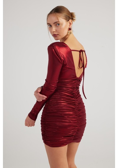 Holly Lolly Parlak Kumaşlı Drapeli Mini Karly Elbise Bordo
