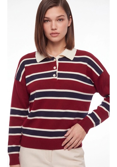 CEMO Bordo Çizgili Polo Yaka Oversize Triko Kazak Çok Renkli