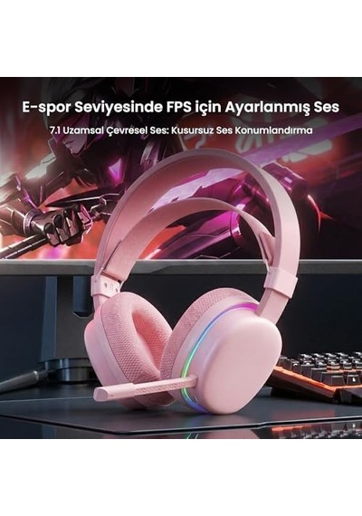 Aula G7 Tri Mode Kablosuz Rgb Gaming Mikrofonlu Oyuncu Kulaklığı 40mm Driver Gürültü Engelleyici Pembe