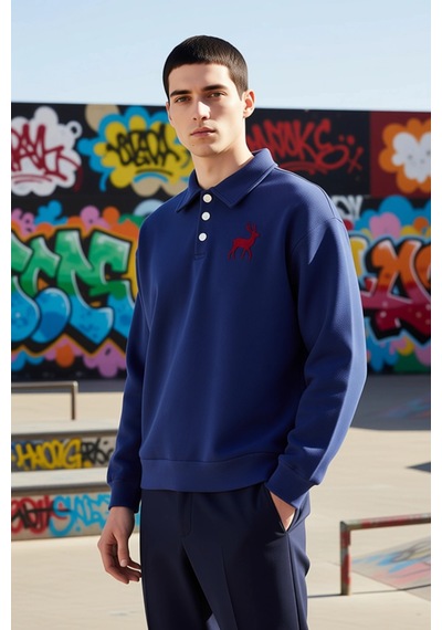 Benerly Erkek Polo Yaka Standart Kol Oversize Kalıp Sweatshirt Fonksiyone Lacivert