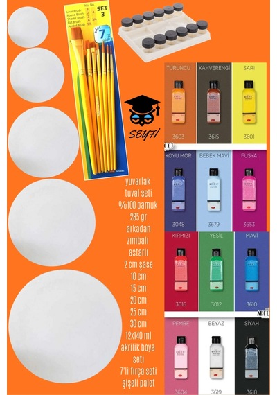 Yuvarlak Tuval Seti %100 Pamuk 285 Gr Arkadan Zımbalı Astarlı 2 Cm Şase 12x140 Ml Akrilik Boya Seti