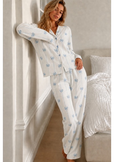 Fit Women Kadın Desenli Düğmeli Uzun Kollu Beyaz Pijama Takımı