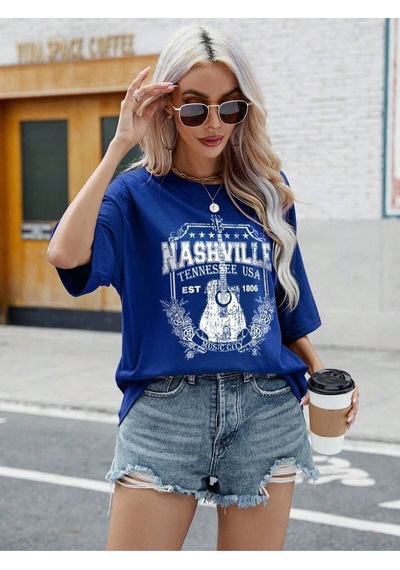 Flood Of Style Kadın Mavi Nashvılle Baskılı Oversize Bisiklet Yaka Tişört