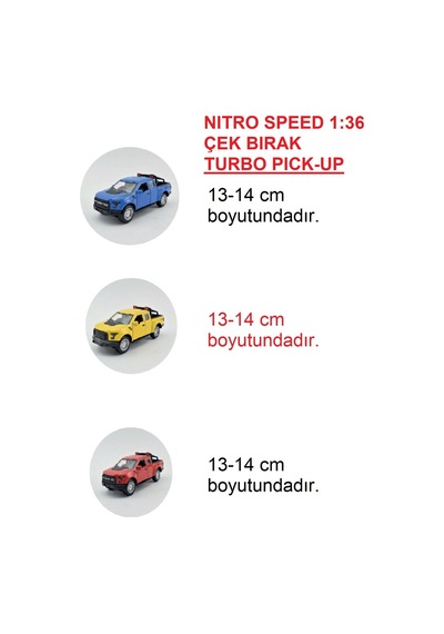 Nıitro Speed 1:36 Çek Bırak Turbo Pick-up 3'lü Canlı Renkler Mavi, Sarı, Kırmızı