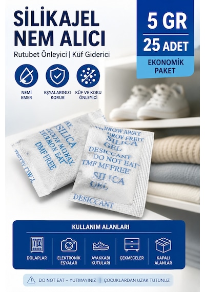 5 Gr 25 Adet Silikajel Nem Alıcı Silika Jel Rutubet Önleyici Küf Giderici Paket
