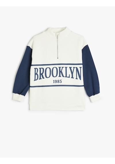 Koton Sweatshirt Dik Yaka Yarım Fermuarlı Şehir Baskılı Uzun Kollu Ekru 5wkg10186ak Ekru