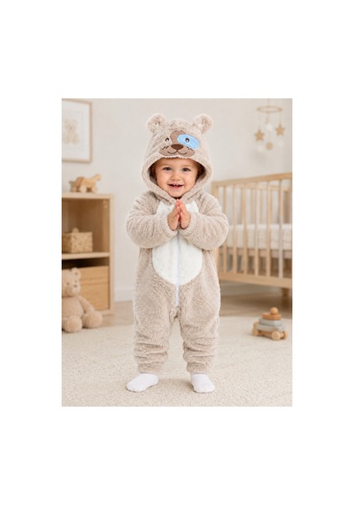 Kız Erkek Bebek Welsoft Peluş Tulum Kapüşonlu Fermuarlı Kışlık Bebek Tulumu Köpek Figürlü Yumuşak Polar Tulum Krem