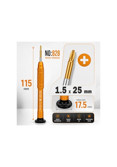 Manyetik Tornavida 1.5x25 Mm Cep Telefonu Ve Elektronik Tamir Aleti - No.828 Turuncu
