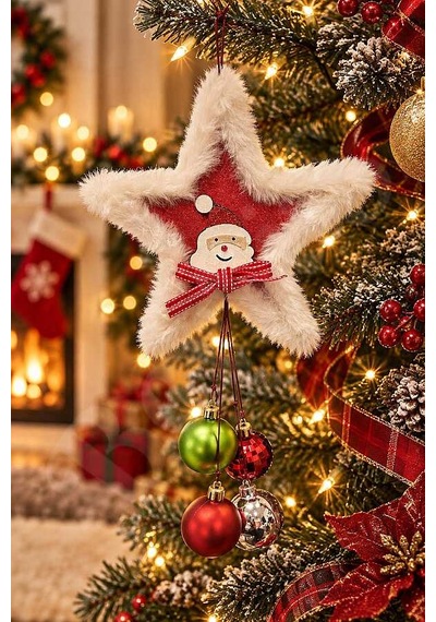 Yılbaşı Ağacı Süsü Noel Baba Figürlü Peluş Kırmızı Yıldız Diğer