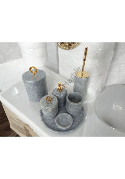 Gri Mermer Klasik Model 7 Parça Gold Renk Halka Aksesuarlı Banyo Seti Gri