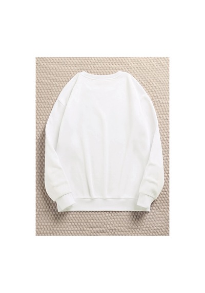 Tarzsokak Kedicikler Renkli Oversize Bisiklet Yaka Pamuklu Sweatshirt Beyaz