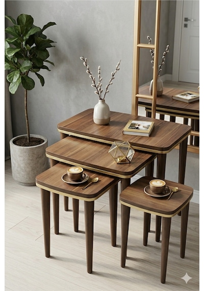 Ant Home Sahra 4 Lü Zigon Sehpa Seti Komple Lake Boyalı Gold Detaylı Modern Yan Sehpa Ceviz - Altın