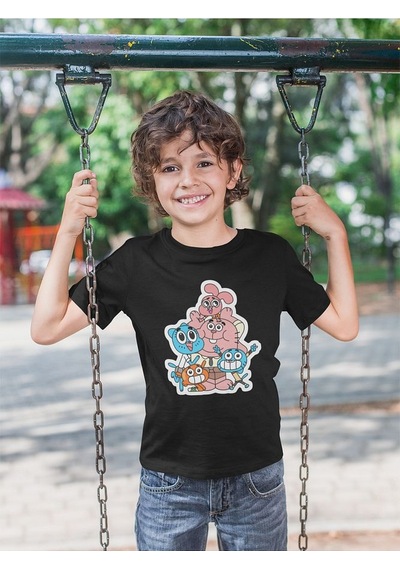 Sevbano Gumball Karakterler Baskılı Unisex Çizgi Film Çocuk Tişört 1-12 Siyah