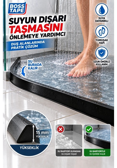 Kendinden Yapışkanlı Su Bariyeri Siyah 2 Metre 15 Mm Esnek Duşakabin Su Tutucu Bant Su Bariyeri