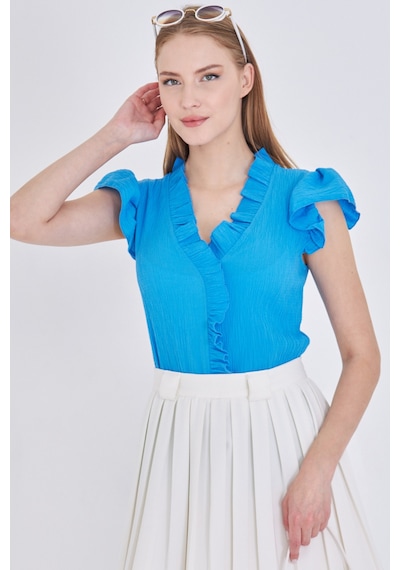 Armonika Kadın Mavi Yakası Ve Kolları Fırfırlı Bluz Arm-25y001063 Armonika Kadın Mavi Yakası Ve Kolları Fırfırlı Bluz Arm-25y001063