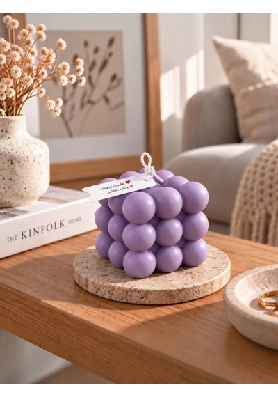 Mumelia Bubble Küp Doğal Soya Dekoratif Blok Mum - Büyük Boy - Mor