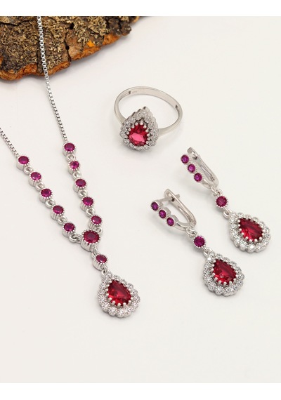 Yakut Taşlı Damla Model 925 Ayar Gümüş Kadın Üçlü Set 201025668