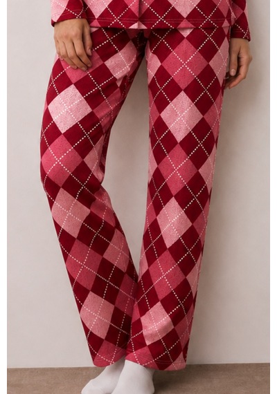 Kadın Düğmeli Kışlık Ev Kırmızı Pijama Takımı