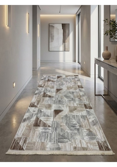 Gri Krem Kahve Kaymaz Taban Yıkanabilir Kesme Yolluk Halı Modern Desen
