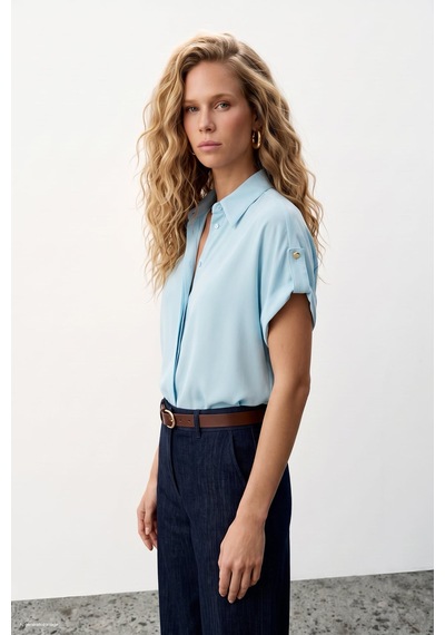 Sateen Kol Detaylı Salaş Gömlek - Bebe Mavi-137627