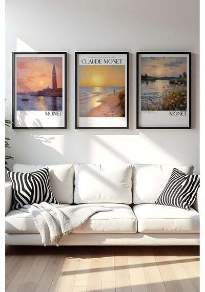 Huhuli Ahşap Siyah Çerçeveli Claude Monet Tablo Seti Huhu556
