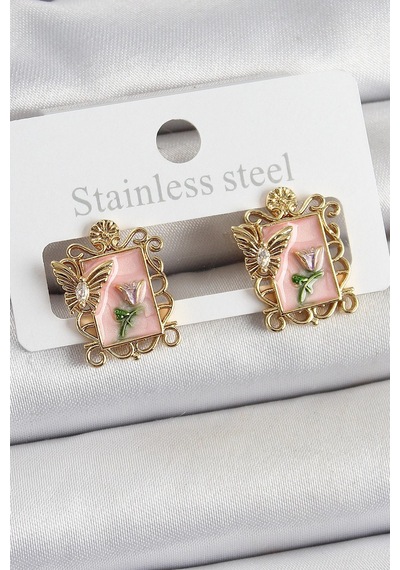 Mey İthalat Pirinç Pembe Mineli Sanatsal Portre Model Gold Renk Kadın Küpe