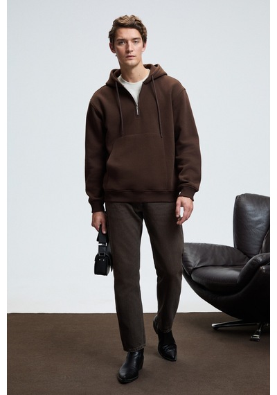 Grimelange JUSTUS Erkek Kapüşonlu Kanguru Cepli Fermuar Yakalı Kahverengi Sweatshirt