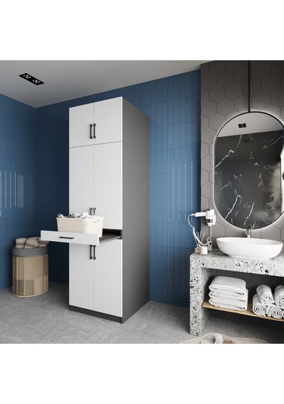 Piramit Çamaşır Ve Kurutma Makinesi Dolabı Banyo Dolabı Füme Beyaz Beyaz - Antrasit Piramit Çamaşır Ve Kurutma Makinesi Dolabı Banyo Dolabı Füme Beyaz Beyaz - Antrasit