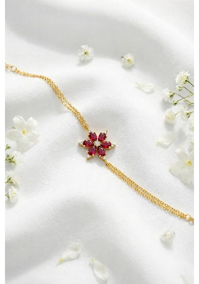 Çekirdekjewelry 926 Ayar Gümüş Kırmızı Taşlı Lotus Bileklik Sarı