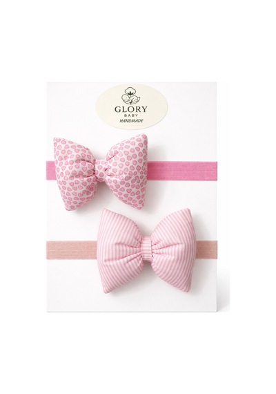 Pamuk Kız Bebek Fiyonk Bandana 2'li Set Pembe Kalp - Çizgili Pembe Kalp - Çizgili