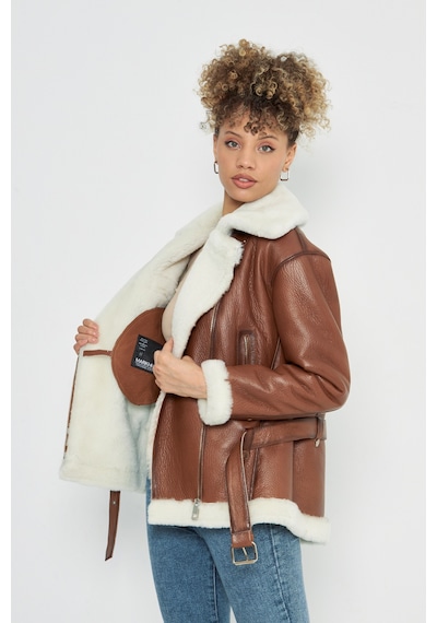 M M Marki Marki Deri Ve Kürk Kadın Kaban - 77 Cm, Taba Rengi, Kemerli, Oversize - 106322