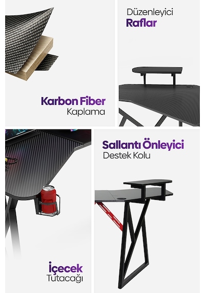 Vortex 25mm Kanatlı Oyuncu Masası | Siyah Karbon Fiber Kaplama | Raflı Oyuncu Masası