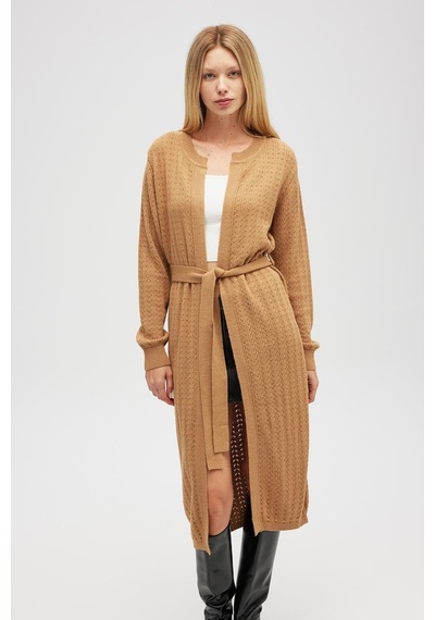 Peraluna Zeyna Mini Kabartma Örgülü Uzun Triko Hırka - Camel Camel