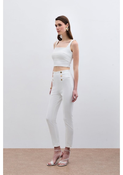 Sateen Düğme Detaylı Pantolon - Ekru-133796 Ekru
