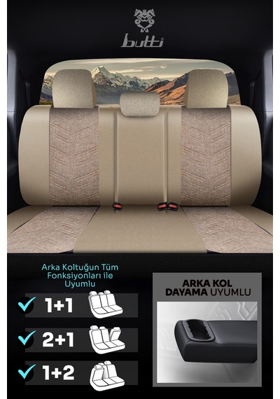 Bej - Bej Butti Bello Serisi Keten Kumaş Premium Oto Koltuk Kılıfı Ortopedik Destekli, Ön Arka Tam Set