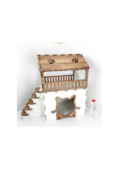 Teras Katlı Kedi Evi Ahşap Kedi Evi Kedi Yatağı